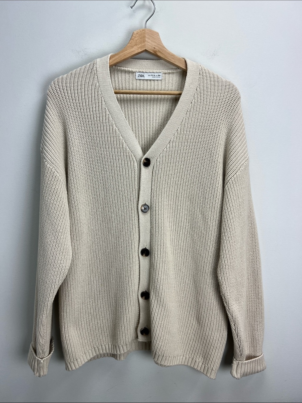 Zara Chunky Knit Cardigan Sweater Cream Girls 13 14 Womens Small Fishermans